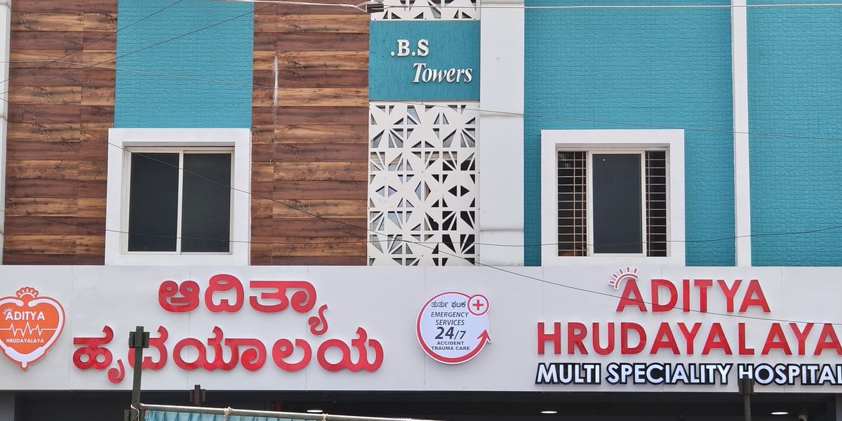 The Aditya Hrudayalaya hospital frontage on Ballari Main Road, Siruguppa